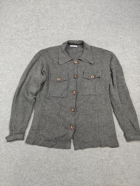 STACCATO Sweaters - STACCATO Cardigan Womens Large Gray Chunky-Knit Collared Button Pocket